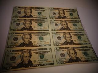 8 Uncut Sheet $20 20x 8 Legal Usa 20 Dollar Real Currency Note / Rare Money photo