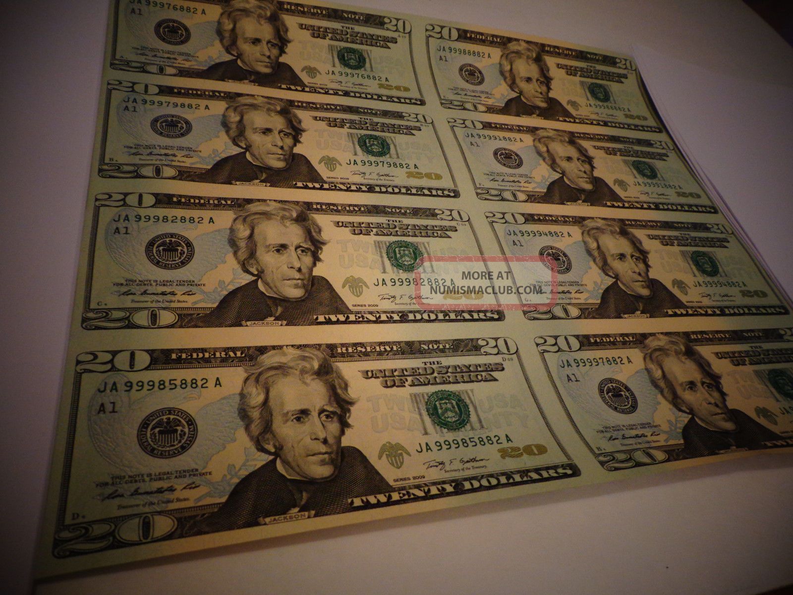 8 Uncut Sheet 20 20x 8 Legal Usa 20 Dollar Real Currency Note / Rare Money