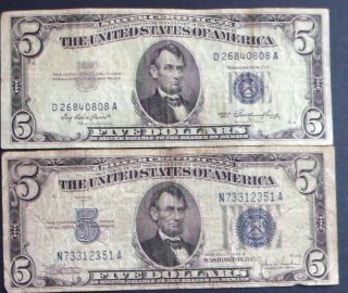 One 1953 $5 & One 1934c $5 Blue Seal Silver Certificate (n73312351a) photo