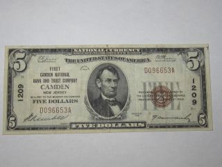 $5 1929 Camden Jersey Nj National Currency Bank Note Bill Ch 1209 Xf photo