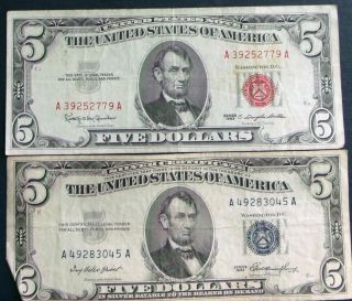 One 1963 $5 United States Note & One 1953 $5 Silver Certificate (a49283045a) photo