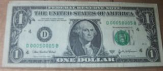 One Dollar Federal Reserve Note Repeater Serial 00050005 photo