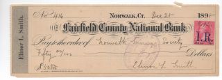 Antique Vintage 1898 Fairfield County National Bank Of Norwalk Ct Bank Check photo
