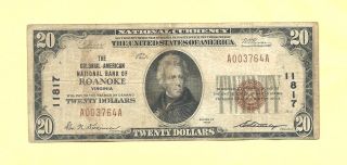 1929 $20 National Banknote 11817 Colonial American Roanoke Virginiatype 1 photo