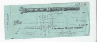 Lynchburg Virginia Milling Company Check 3580 Dated Oct.  6,  1917 Buy Me Now 