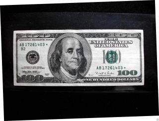 1996 Star Note $100 U.  S.  Dollar Bill York Paper Money Banknote Hundred photo