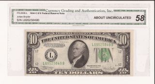 1934 C $10 Cga Graded 58 Federal Reserve Note photo