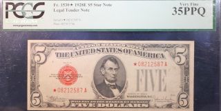 Fr.  1530 $5 1928e Legal Tender Star Note.  Pcgs Very Fine 35ppq photo