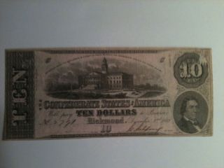 $10.  00 Confederate States Of America Note T - 52 / Series 3 / 1862 photo