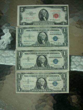 Four U.  S.  Bills 3 - $1 Silver Cert ' S 1 - $2 U.  S.  Note 1935,  1953,  1957 ' Au ' photo