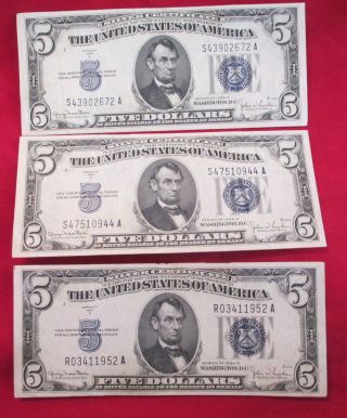 (3) $5 Five Dollar Silver Certificates Series 1934d photo