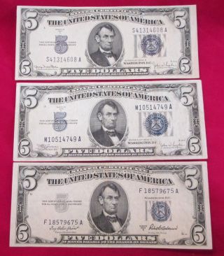(3) $5 Five Dollar Silver Certificates Series 1934d,  1934c,  1953a photo