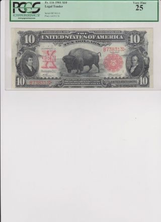 1901 $10 Legal Tender Buffalo Note Fr 116 Pcgs Graded Very Fine 25 Currency photo