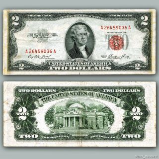 Series Of 1953 - Vintage,  U.  S.  Two Dollar Currency - Red Seal No The Right photo