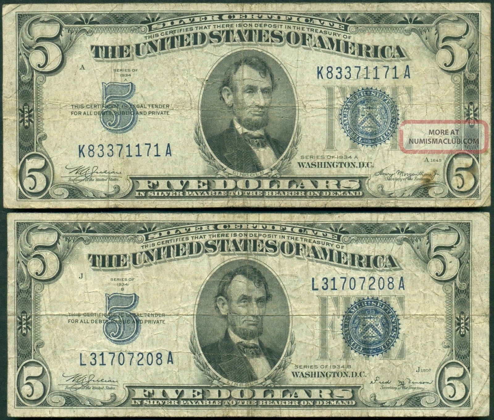 1934a 1934b $5 Silver Certificates In Fine