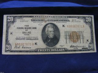 1929 $20 Dallas Rare Brown Seal National Currency Twenty Dollars Key Note photo