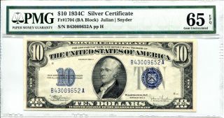 $10 1934c Pmg 65 Blue Seal Fr 1704 Ba Block Bill Note Silver Cerificate 1934 C photo