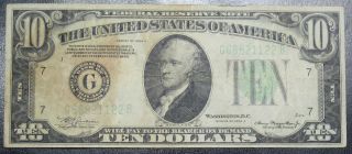 1934 A Ten Dollar Federal Reserve Note Chicago Grade Vg Lt Green Seal 1122b Pm5 photo