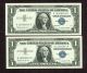 2 Consecutive 1957b $1 Silver Certificate Choice Cu Combined S&h Yj Small Size Notes photo 1