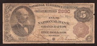 Grand Rapids,  Mi,  Ch 2890,  1882 $5.  00 Brown Back,  Earliest Reported Note photo