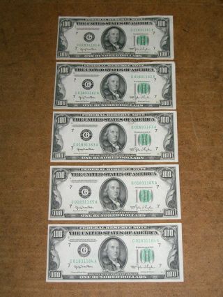 5 X 1950 $100 Frn Chicago Consecutive/ Sequential photo