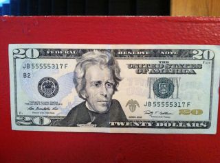 Rare Money Paper Us $20.  00,  Serial Jb55555317 Federal Reserve Note photo