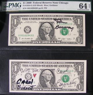 2 Autographed 2009 $1 Bills By Carol Burnett & Tim Conway 2 Of The Funniest Ever photo