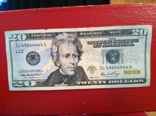 Rare$20.  00 Paper Federal Reserve Note Consecutive 4 Il 49644444c photo