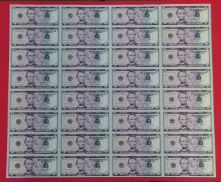 Uncut Sheet 32 X $5 Us Dollar Uncirculated Legal Money Gift Bill Note photo