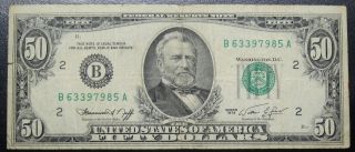 1974 Fifty Dollar Federal Reserve Note York Grading Fine Edge Tear 7985a Pm7 photo