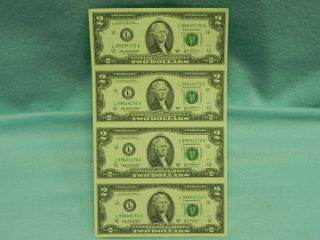 Crisp 4 Us Two Dollar Bills In One Uncut Sheet photo