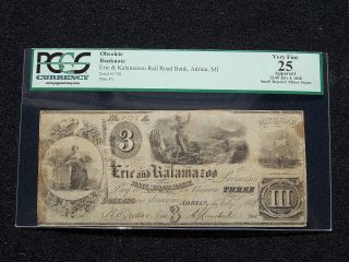 Adrian Michigan,  Erie And Kalamazoo Rail Road Bank $3 Pcgs Vf25 App.  Very Rare photo