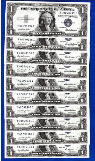 10 1935 F Consecutive & Uncirculated One Dollar Silver Certificates photo