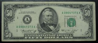 1974 Fifty Dollar Federal Reserve Note Boston Grading Vf Pin Holes 7373a Pm7 photo
