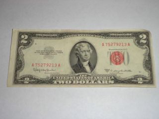 1 Us Red Seal 2 Dollar Bill Series 1953 C Two Dollars Circulated photo