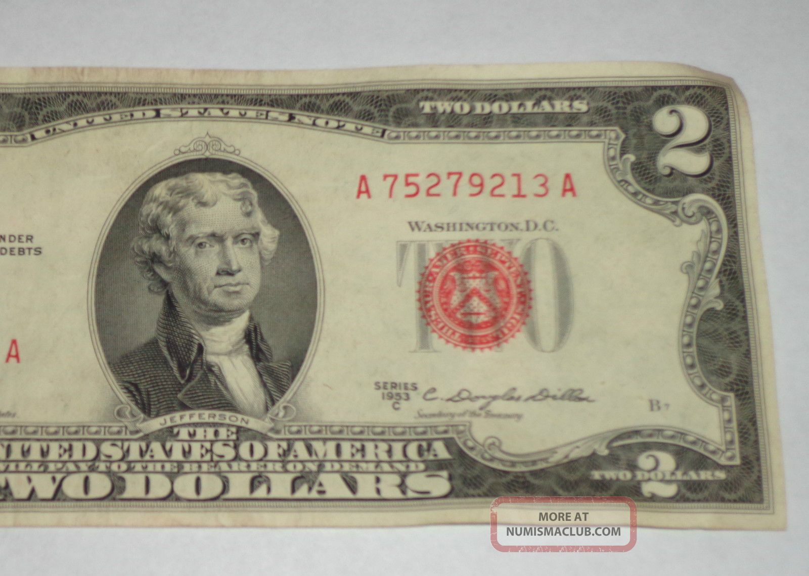 1 Us Red Seal 2 Dollar Bill Series 1953 C Two Dollars Circulated