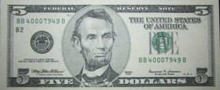 1999 (usa) United States Federal Reserve $5 Dollars Bank Note Au photo