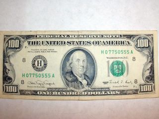 $100 Dollar Bill 1990 Lucky Num 555 Fed Reserve St.  Louis Small Head Face Ret photo