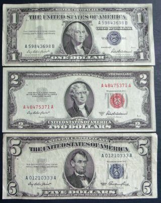 1957 $1 & 1953 $5 Silver Certificate + 1953a $2 United States Note (a01210333a) photo