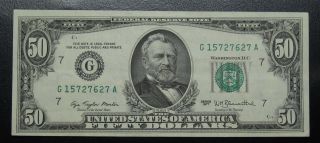 1977 Fifty Dollar Federal Reserve Note Chicago Grading Choice Cu 7627a Pm7 photo