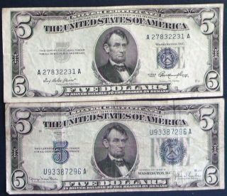 One 1953 $5 & One 1934d $5 Blue Seal Silver Certificate (u93387296a) photo