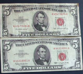 One 1953 $5 & One 1963 $5 Red Seal United States Note (a44318951a) photo