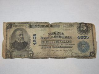 $5 1902 Chicago Illinois Il National Currency Bank Note Bill Ch 4605 Republic photo