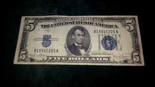1934 D $5 Five Dollar Bill Silver Certificate Blue Seal Paper Money Circulated photo