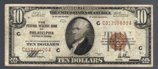 $10 1929 National Scarce Philadelphia,  Pa Brown Seal Currency Old Us Paper Money photo