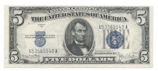 $5 1934 D Blue Seal Crisp (wide I) C.  U.  Serial U 53 565 540 A (four Five ' S) photo