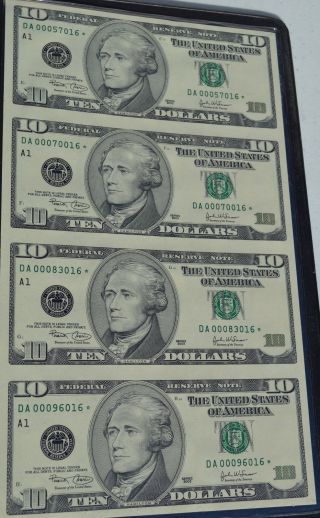 2003 $10 Federal Reserve Note Uncut Star Note Block - Cu - Fr 2037 - A☆ - Da - Boston photo