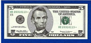 1999 Uncirculated Federal Reserve Five Dollar Star Note photo
