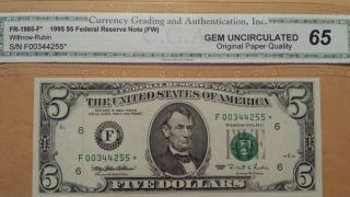 1995 $5 Federal Reserve Star Note Atlanta Graded Cga 65 S/n F00344255 photo