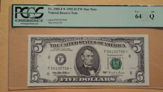 1995 $5 Federal Reserve Star Note Atlanta Graded Pcgs64 F00102700 (2of 2 Cons. ) photo